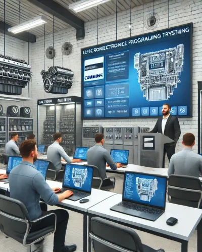 DALL·E 2025-01-11 13.02.51 - An educational scene showcasing vehicle electronic module programming training for Cummins engines with CALTERM system. The image features a modern tr